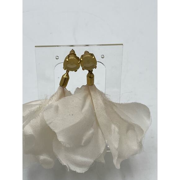 Gold Tone Ivory Fabric Tulip Drop Rhinestone Dangle Flowing Earrings - Picture 4 of 10